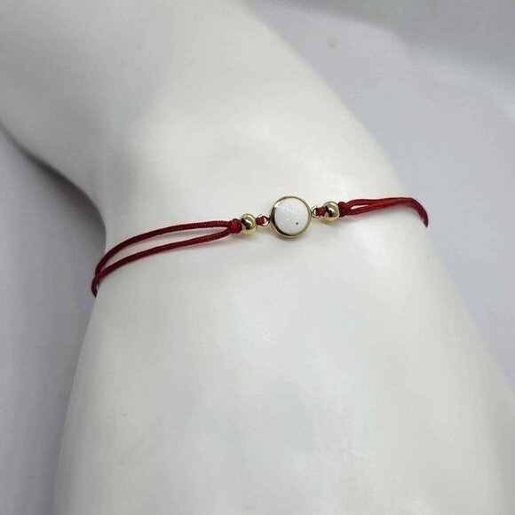 925 Sterling Silver White Round Charm Bracelet with Red Adjustable String - Picture 1 of 3